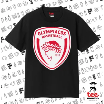 Olympiacos B.C., Κλασικό T-Shirt, διπλής ραφής, χωρίς πλευρικές ραφές ΜΑΥΡΟ από 100% βαμβάκι. Vegan & OEKO-TEX πιστοποιημένο.