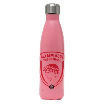 Olympiacos B.C., Metal mug thermos Pink Mat (Stainless steel), double wall, 500ml