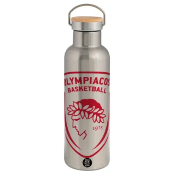 Olympiacos B.C., Stainless steel Silver with wooden lid (bamboo), double wall, 750ml