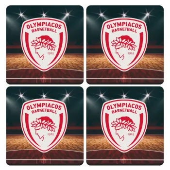 Olympiacos B.C., ΣΕΤ 4 Σουβέρ ξύλινα τετράγωνα (9cm)