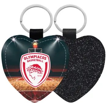 Olympiacos B.C., Μπρελόκ PU δερμάτινο glitter καρδιά ΜΑΥΡΟ