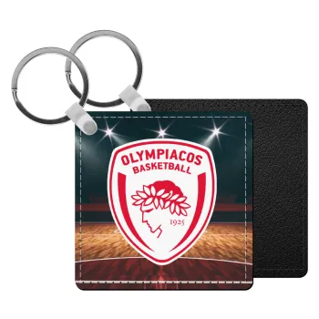 Olympiacos B.C., Μπρελόκ Δερματίνη, τετράγωνο ΜΑΥΡΟ (5x5cm)