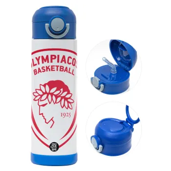 Olympiacos B.C., Children's hot water bottle, stainless steel, with safety straw, BLUE (500ml)
