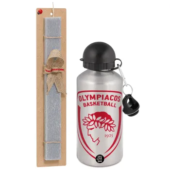 Olympiacos B.C., Easter Set, metallic silver aluminum water bottle (500ml) & aromatic flat Easter candle (30cm) (GRAY)