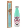 Easter Set, Metallic green/white thermos (Stainless steel), double-walled, 500ml & scented flat Easter candle (30cm) (TURQUOISE)