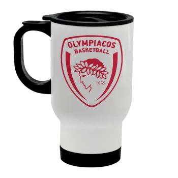 Olympiacos B.C., Κούπα ταξιδιού ανοξείδωτη με καπάκι, διπλού τοιχώματος (θερμό) λευκή 450ml
