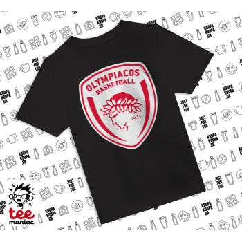 Olympiacos B.C., Άνετο παιδικό T-Shirt ΜΑΥΡΟ από 100% βαμβάκι, για κάθε μέρα. Vegan & OEKO-TEX πιστοποιημένο.