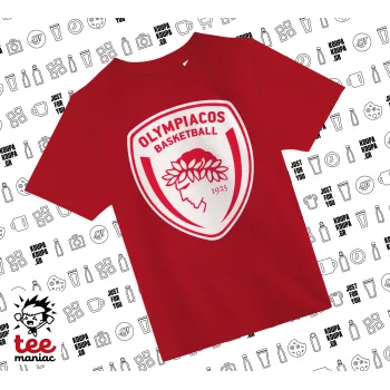 Olympiacos B.C., Άνετο παιδικό T-Shirt ΚΟΚΚΙΝΟ από 100% βαμβάκι, για κάθε μέρα. Vegan & OEKO-TEX πιστοποιημένο.