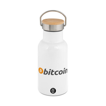 Bitcoin Crypto, Μεταλλικό παγούρι θερμός (Stainless steel) Λευκό με ξύλινο καπακι (bamboo), διπλού τοιχώματος, 350ml