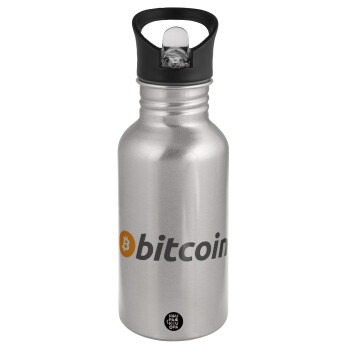 Bitcoin Crypto, Water bottle Silver with straw, stainless steel 500ml