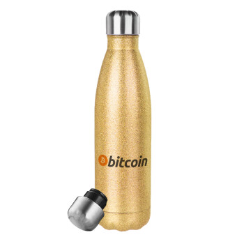 Bitcoin Crypto, Μεταλλικό παγούρι θερμός Glitter χρυσό (Stainless steel), διπλού τοιχώματος, 500ml