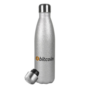 Bitcoin Crypto, Μεταλλικό παγούρι θερμός Glitter Aσημένιο (Stainless steel), διπλού τοιχώματος, 500ml