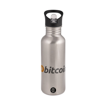 Bitcoin Crypto, Water bottle Silver with straw, stainless steel 600ml