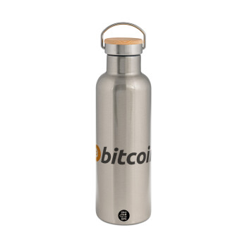 Bitcoin Crypto, Stainless steel Silver with wooden lid (bamboo), double wall, 750ml
