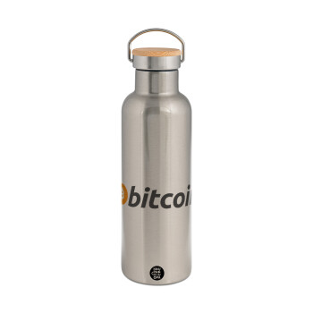 Bitcoin Crypto, Μεταλλικό παγούρι θερμός (Stainless steel) Ασημένιο με ξύλινο καπακι (bamboo), διπλού τοιχώματος, 750ml