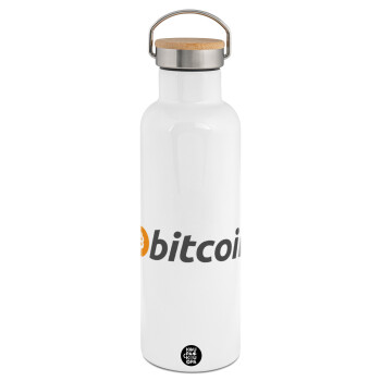 Bitcoin Crypto, Stainless steel White with wooden lid (bamboo), double wall, 750ml
