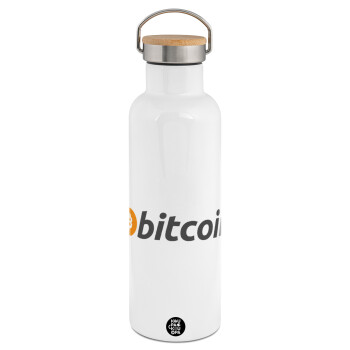 Bitcoin Crypto, Μεταλλικό παγούρι θερμός (Stainless steel) Λευκό με ξύλινο καπάκι (bamboo), διπλού τοιχώματος, 750ml