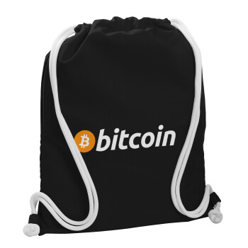 Bitcoin Crypto, Τσάντα πλάτης πουγκί GYMBAG Μαύρη, με τσέπη (40x48cm) & χονδρά λευκά κορδόνια