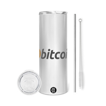 Bitcoin Crypto, Tumbler ποτήρι θερμό από ανοξείδωτο ατσάλι 600ml, με μεταλλικό καλαμάκι & βούρτσα καθαρισμού