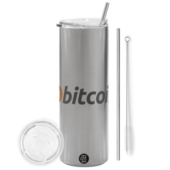 Bitcoin Crypto, Eco friendly stainless steel Silver tumbler 600ml, with metal straw & cleaning brush