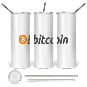 Bitcoin Crypto, Tumbler ποτήρι θερμό από ανοξείδωτο ατσάλι 600ml, με μεταλλικό καλαμάκι & βούρτσα καθαρισμού