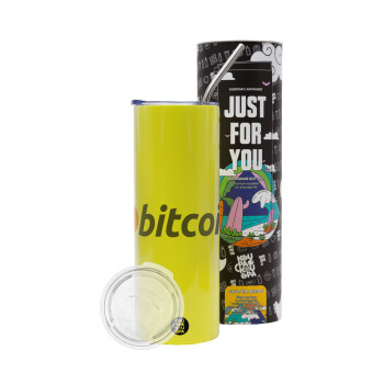 Bitcoin Crypto, Neon Yellow Travel Tumbler θερμό, μεταλλικό καλαμάκι(Ανωξείδωτο 304 Food grade, BPA free, 600ml)