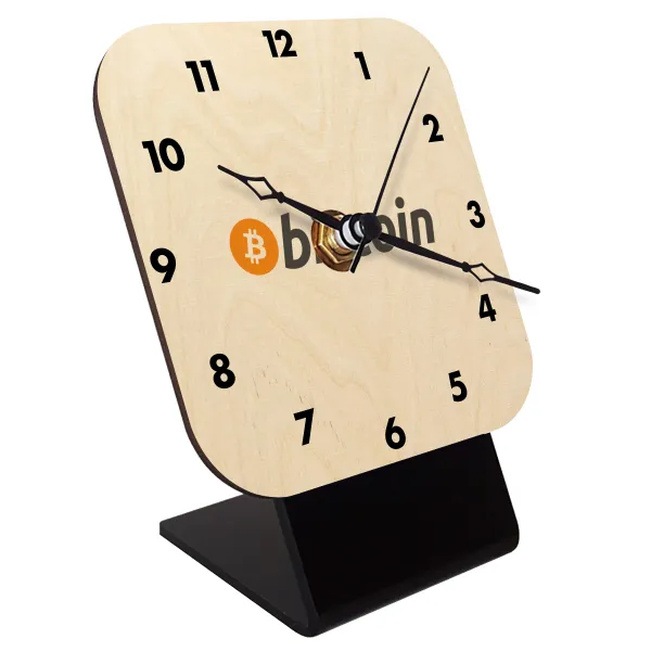 Bitcoin Crypto — Επιτραπέζιο ρολόι σε φυσικό ξύλο (10cm)