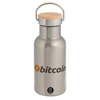 Bitcoin Crypto, Stainless steel metallic thermos flask, silver with a bamboo lid, double-walled, 350ml.