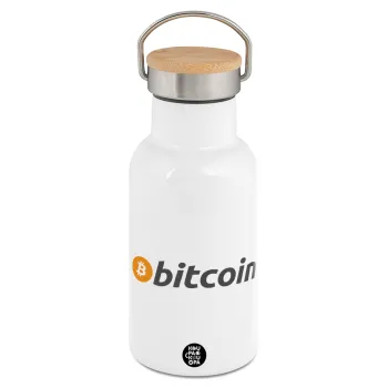 Bitcoin Crypto, Metallic thermos (Stainless steel) White with wooden lid (bamboo), double-walled, 350ml