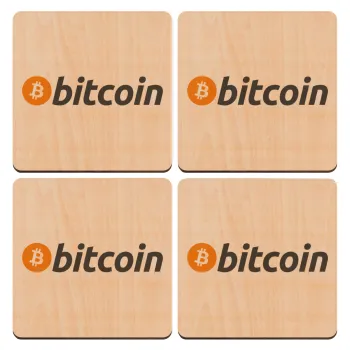 Bitcoin Crypto, ΣΕΤ x4 Σουβέρ ξύλινα τετράγωνα plywood (9cm)