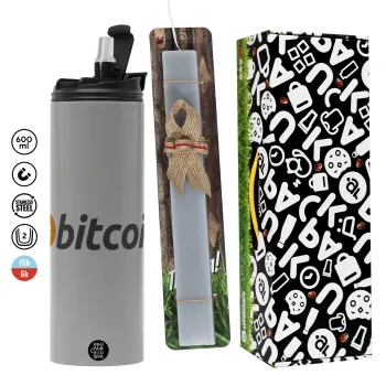 Bitcoin Crypto, Πασχαλινή Λαμπάδα με Travel Tumbler θερμό (600ml, BPA free) & κερί αρωματικό πλακέ (30cm) (ΓΚΡΙ)