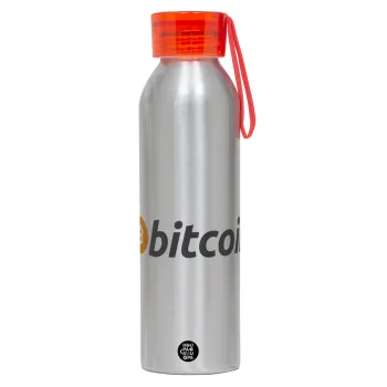 Bitcoin Crypto, Αλουμινένιο Αθλητικό Μπουκάλι 650ml – Ασημί με Κόκκινο Καπάκι και Λουράκι Σιλικόνης