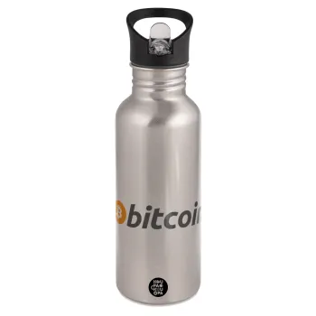 Bitcoin Crypto, Water bottle Silver with straw, stainless steel 600ml
