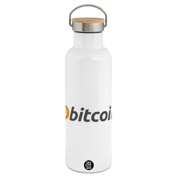 Bitcoin Crypto, Stainless steel White with wooden lid (bamboo), double wall, 750ml