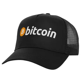 Bitcoin Crypto, Structured Trucker Adult Hat, with Mesh, Black (100% COTTON, ADULT, UNISEX, ONE SIZE)