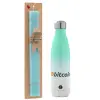 Easter Set, Metallic green/white thermos (Stainless steel), double-walled, 500ml & scented flat Easter candle (30cm) (TURQUOISE)