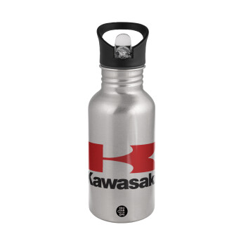 Kawasaki, Water bottle Silver with straw, stainless steel 500ml