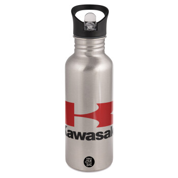 Kawasaki, Water bottle Silver with straw, stainless steel 600ml