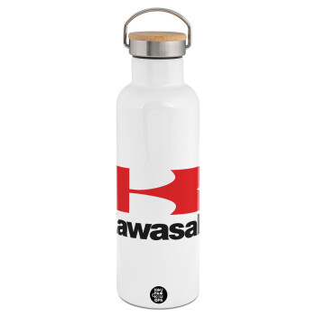 Kawasaki, Stainless steel White with wooden lid (bamboo), double wall, 750ml