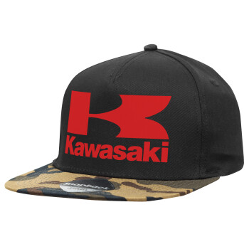 Kawasaki, Καπέλο Ενηλίκων Flat Snapback Μαύρο/Παραλαγή, (100% ΒΑΜΒΑΚΕΡΟ, ΕΝΗΛΙΚΩΝ, UNISEX, ONE SIZE)
