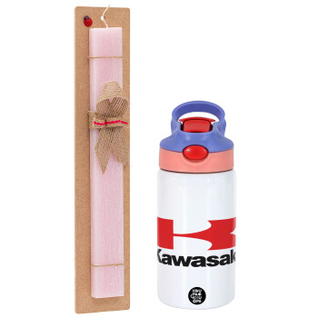 Kawasaki, Πασχαλινό Σετ, Παιδικό παγούρι θερμό, ανοξείδωτο, με καλαμάκι ασφαλείας, ροζ/μωβ (350ml) & πασχαλινή λαμπάδα αρωματική πλακέ (30cm) (ΡΟΖ)