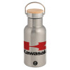 Stainless steel metallic thermos flask, silver with a bamboo lid, double-walled, 350ml.