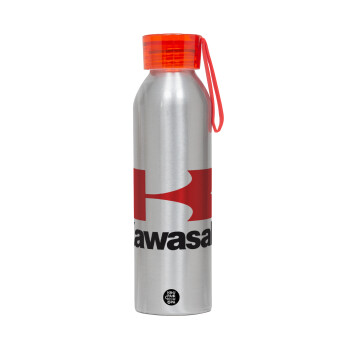 Kawasaki, Aluminum Sports Bottle 650ml – Silver with Red Cap and Silicone Strap