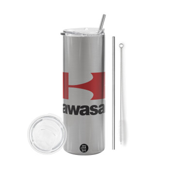 Kawasaki, Eco friendly stainless steel Silver tumbler 600ml, with metal straw & cleaning brush