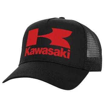 Kawasaki, Structured Trucker Adult Hat, with Mesh, Black (100% COTTON, ADULT, UNISEX, ONE SIZE)