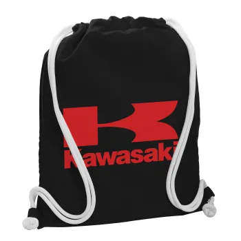 Kawasaki, Backpack pouch GYMBAG Black, with pocket (40x48cm) & thick white cords
