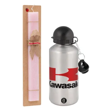 Kawasaki, Easter Set, metallic Silver aluminum water bottle (500ml) & scented flat Easter candle (30cm) (PINK)