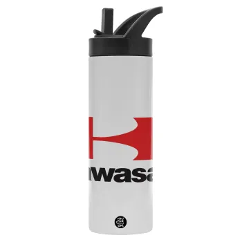 Kawasaki, Μεταλλικό παγούρι θερμός με καλαμάκι & χειρολαβή, ανοξείδωτο ατσάλι (Stainless steel 304), διπλού τοιχώματος, 600ml