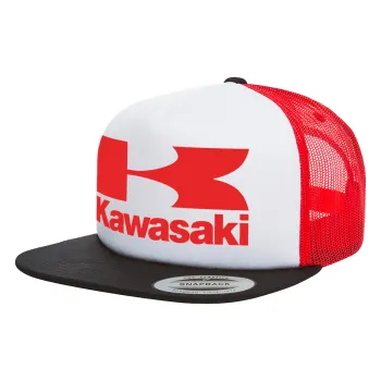Kawasaki, Adult Foam Flat Snapback with Mesh Black-White-Red (POLYESTER, ADULT, UNISEX, ONE SIZE)