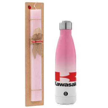 Kawasaki, Easter Set, Metallic pink/white (Stainless steel) thermos, double-walled, 500ml & aromatic flat Easter candle (30cm) (PINK)